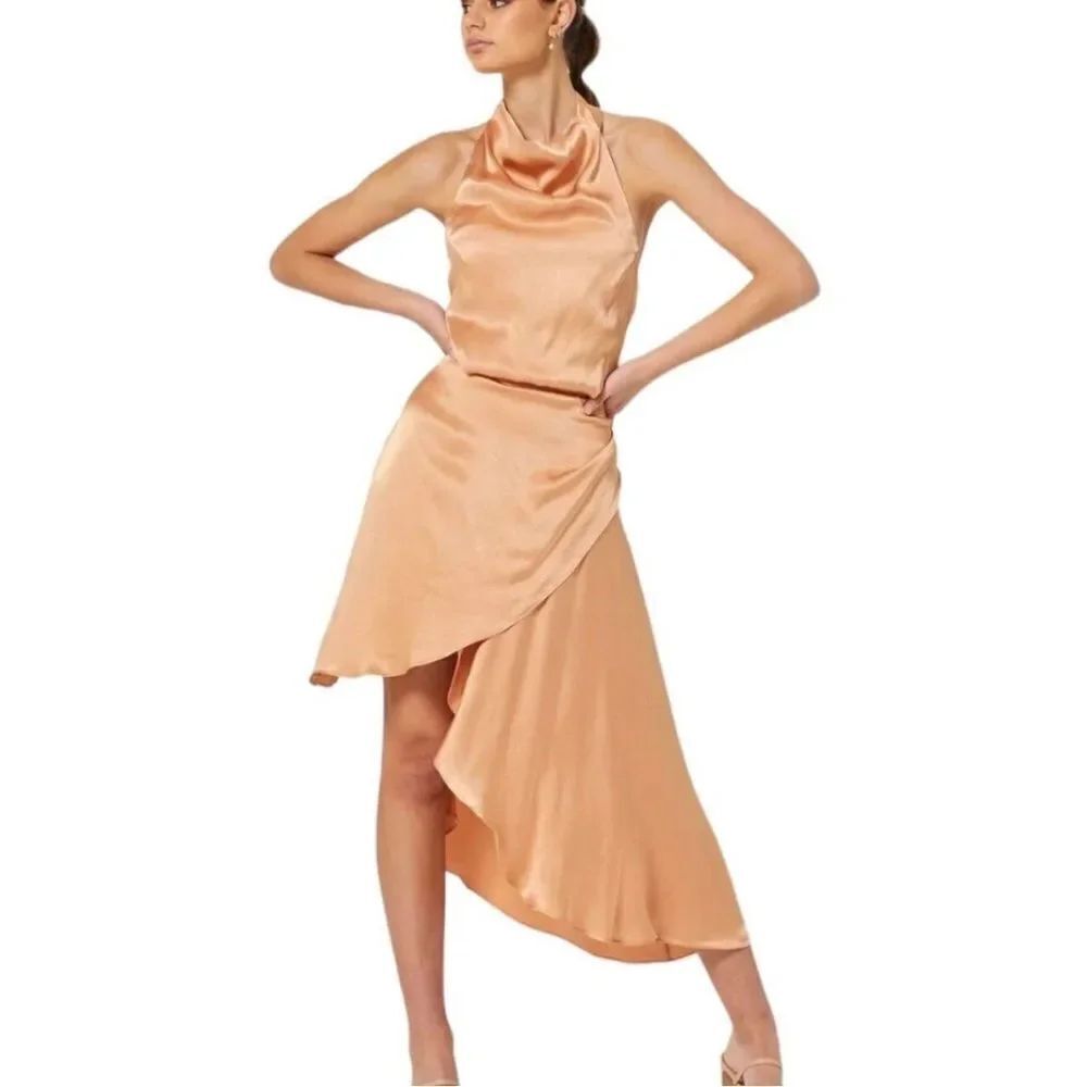 Elliatt Lambent Asymmetric Halter Dress Camel Small NEW MSRP $240